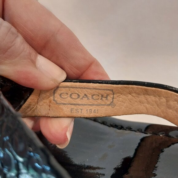 Coach 6.5 Strappy Sandal Wedge Cork Black Patent Leather Jorgina Signature Thong - Picture 10 of 13